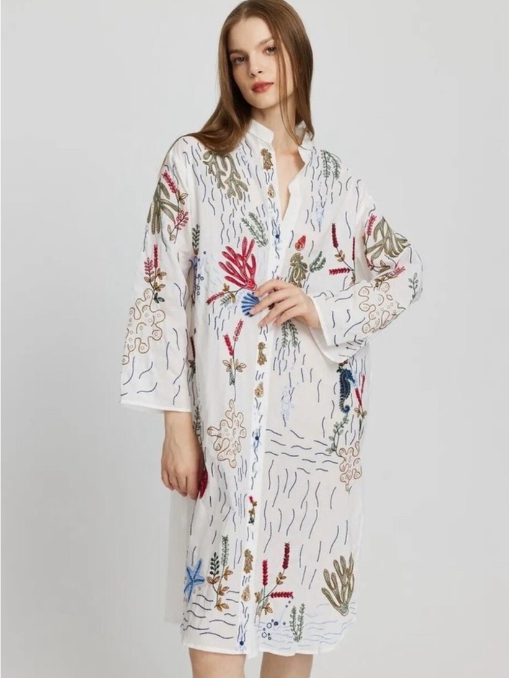 ZARA Long Embroidered Shirt Dress with Sea Motifs